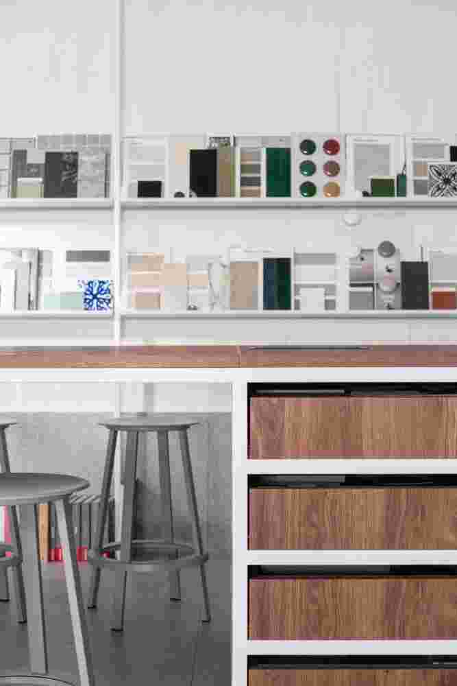 Material room with various textures and design samples at GNB Architects.